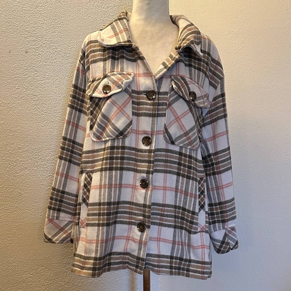 Kensie Plaid Utility Jacket - Gray and Pink Size L